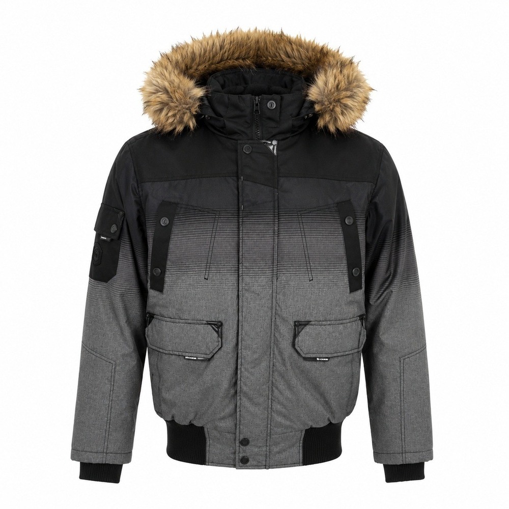 Noize DVSN Mens Black Grey Ombre Faux Fur‎ Hooded Winter Bomber Jacket XL